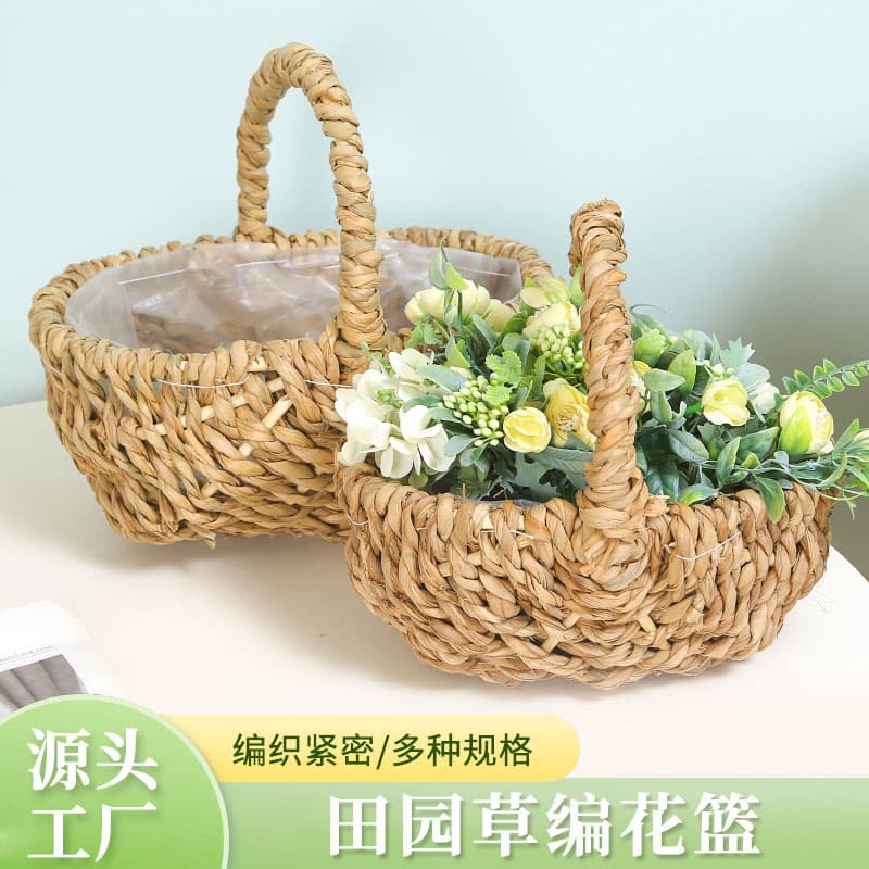 Handwoven Handheld Basket Creative Home Storage Gift Basket Floral Decoration Rural Style Desktop Hanging Garden Decor