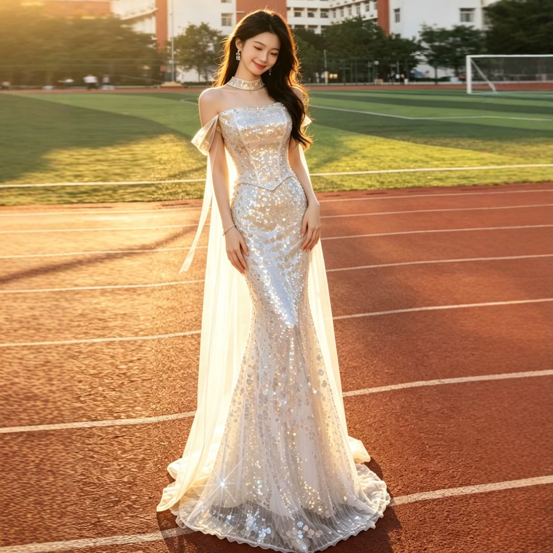 One-shoulder evening dress, sequin host dress, student art exam solo performance dress, female coming-of-age dress