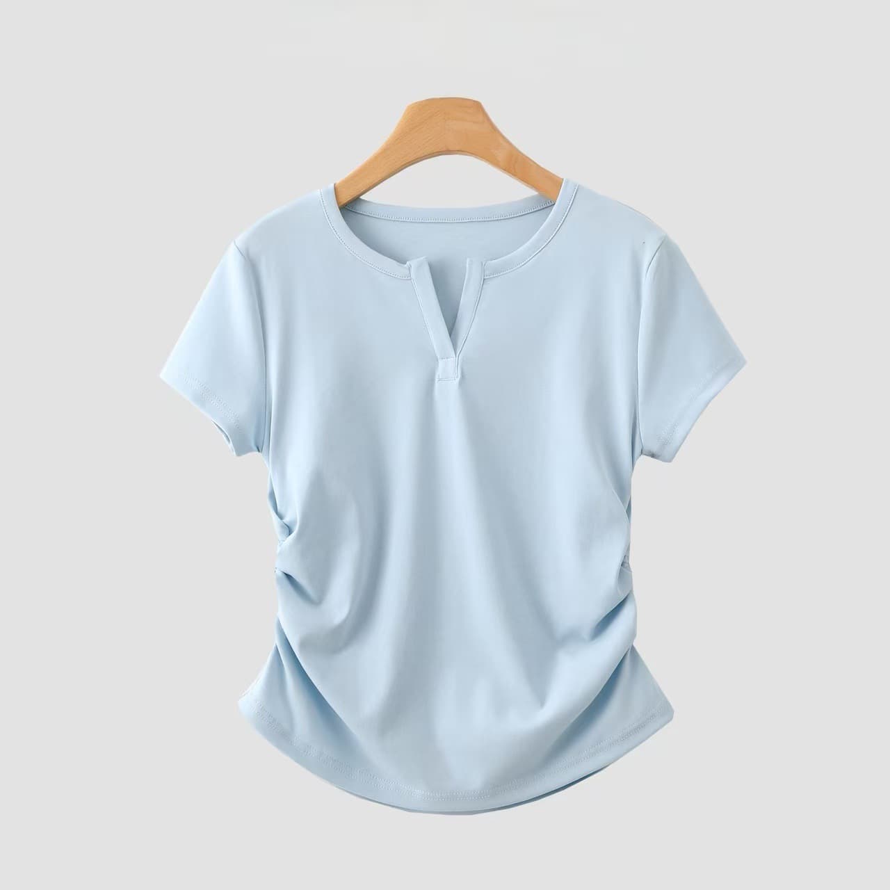 2026 Summer New Side Pleated Waist V-Neck Short Sleeve T-Shirt Women Stretch Cotton Solid Color Versatile Base Tee