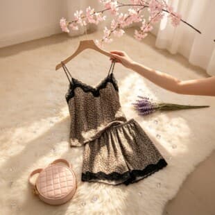 2026 New Ice Silk Camisole Pajama Set for Women, Leopard Print Lace Trim Loungewear, Summer Premium Shorts Set