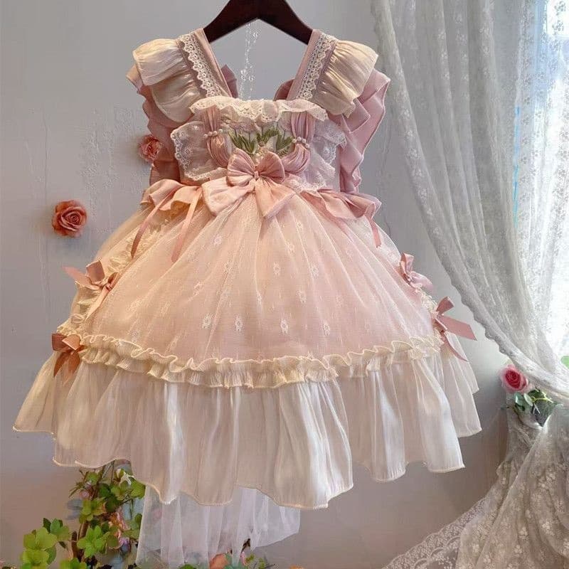 Children's new Lolita princess dress little girl's four-season suspender birthday tutu skirt pink short cute dress
