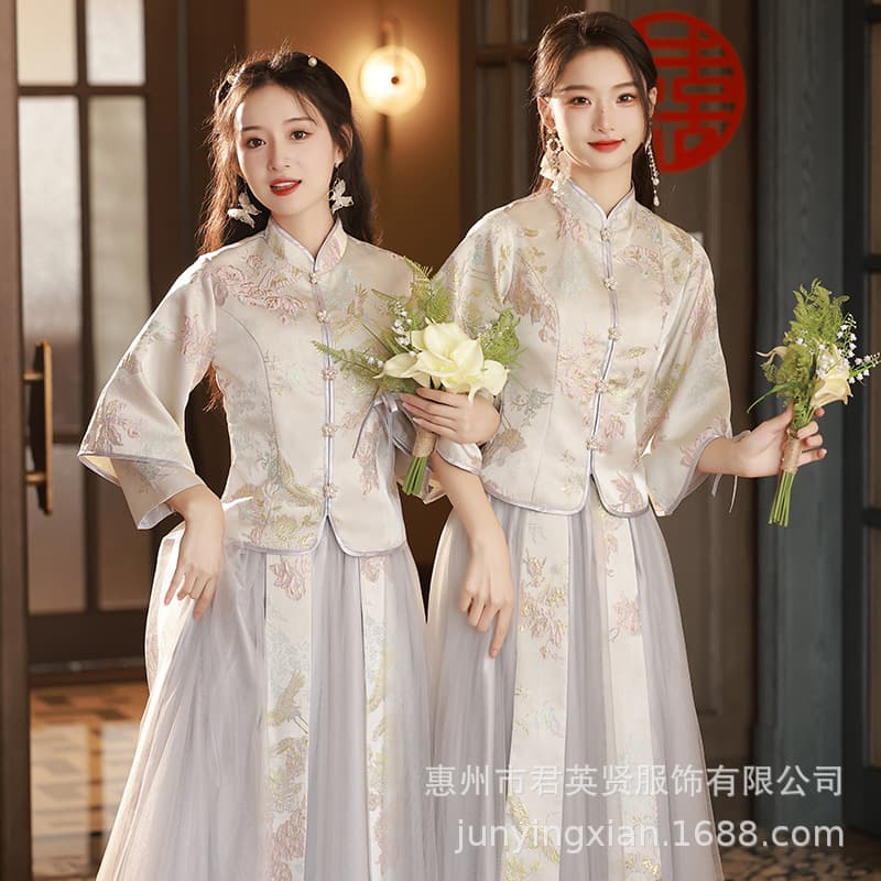 Bridesmaid Dress Chinese-style Sister Dress Gray Slim Fit National Trend Cheongsam Small High-end Sense Show He Bridesmaid Long Sleeve