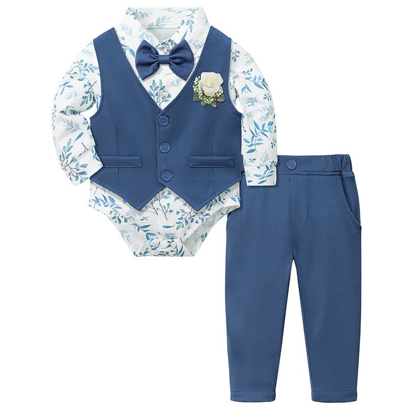 Newborn Boy Gentleman Suit Set Birthday Party Tuxedo Vest Three-Piece Outfit with Shirt