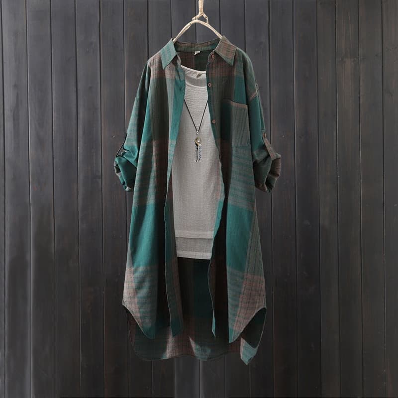 Cross-border foreign trade spring and autumn thin coat cotton and linen plaid shirt women's large size loose mid-length Southeast Asian women's shirt