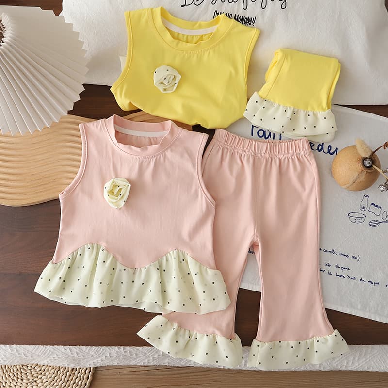 Girls' clothing 2026 three-dimensional flowers sweet summer new baby style lace vest bell bottoms two-piece suit