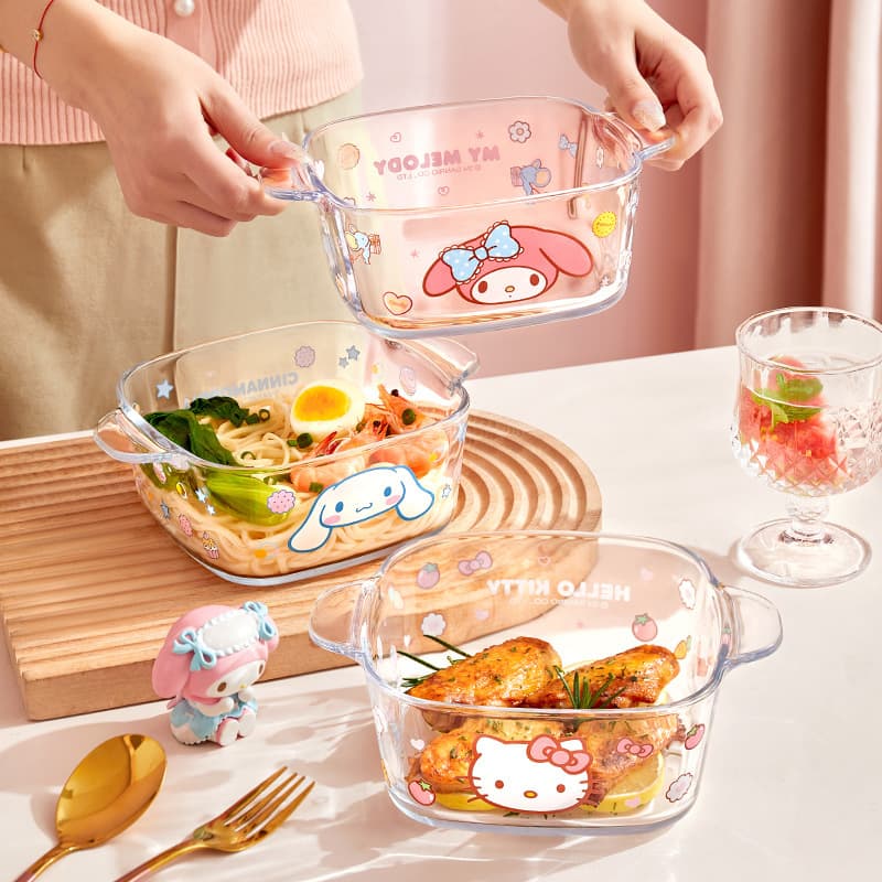 Sanrio Double-Handled Glass Bowl Household Tableware Cartoon Cute Ramen Rice Bowl Dessert Salad Bowl Heat-Resistant M