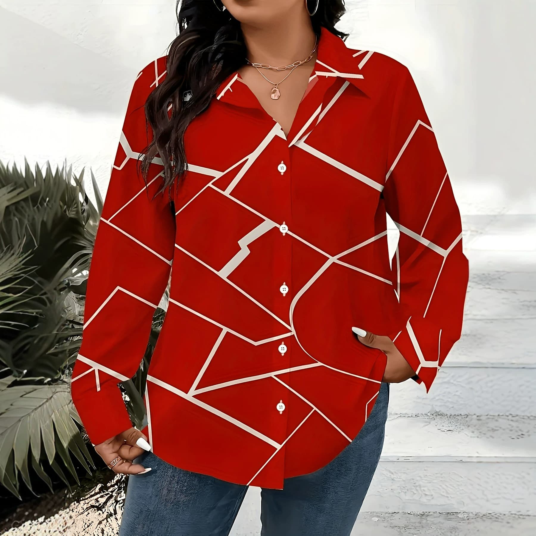 Amazon Cross-Border Plus Size Women's Long Sleeve T-Shirt with Geometric Print Shirt Elegant Fashion Blouse