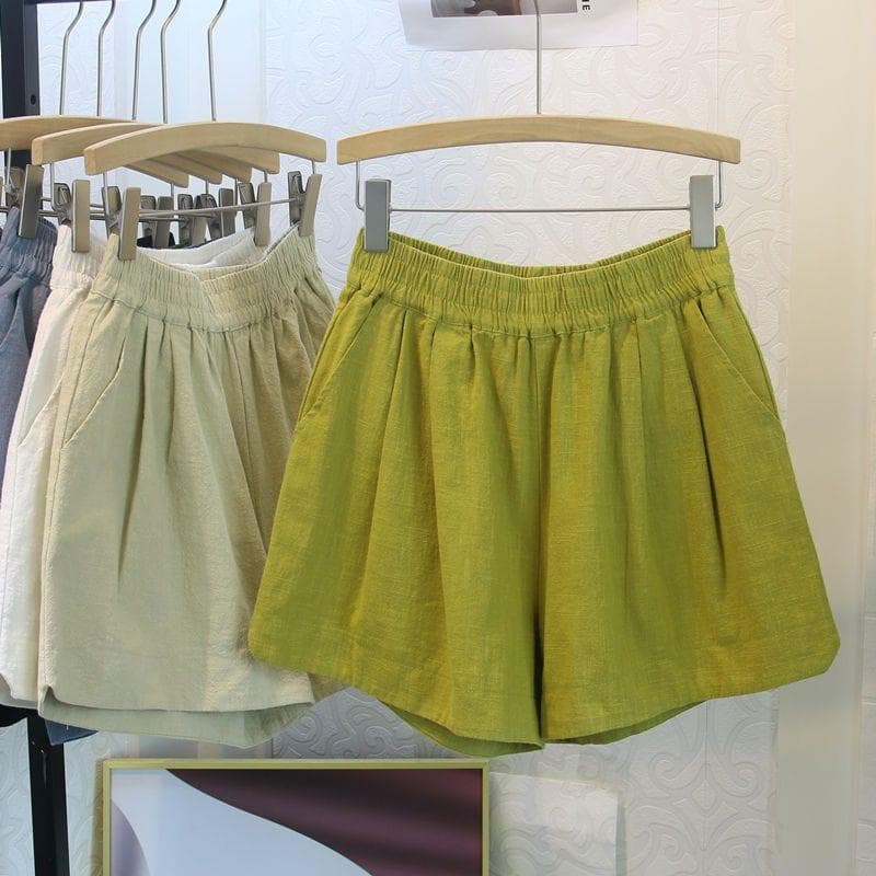 Cotton and linen shorts women's summer loose large size 300 pounds casual slim elastic high-waisted a-line wide-leg pants linen hot pants