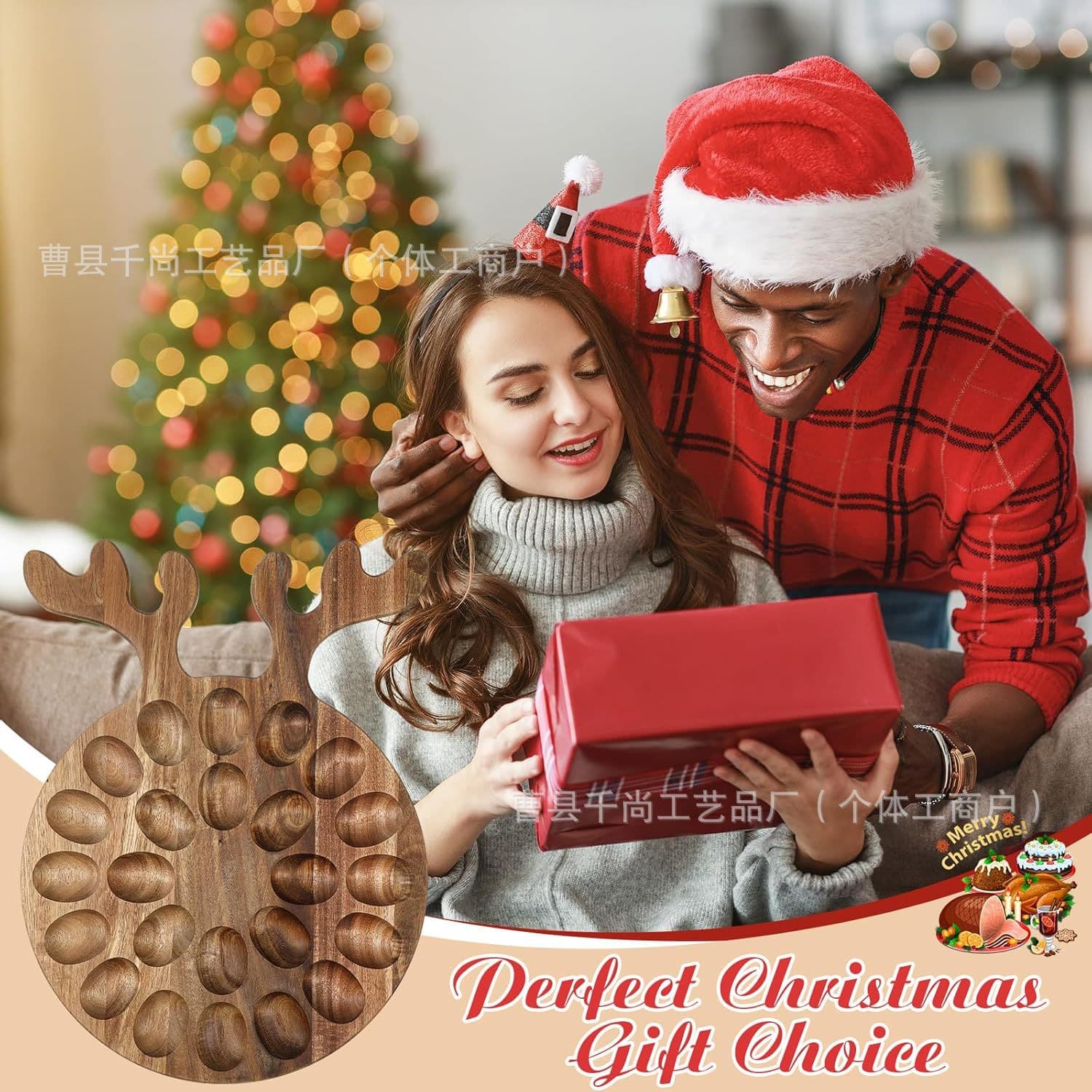 Christmas decorative wooden egg holder with cartoon design, hanging handle for home kitchen storage and organization.