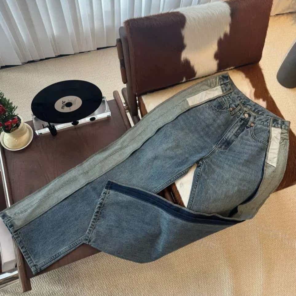 [High Quality] Spring and Autumn Men's New Style Spliced Casual Men's Washed Jeans Loose Straight Deconstructed Style Men's Style
