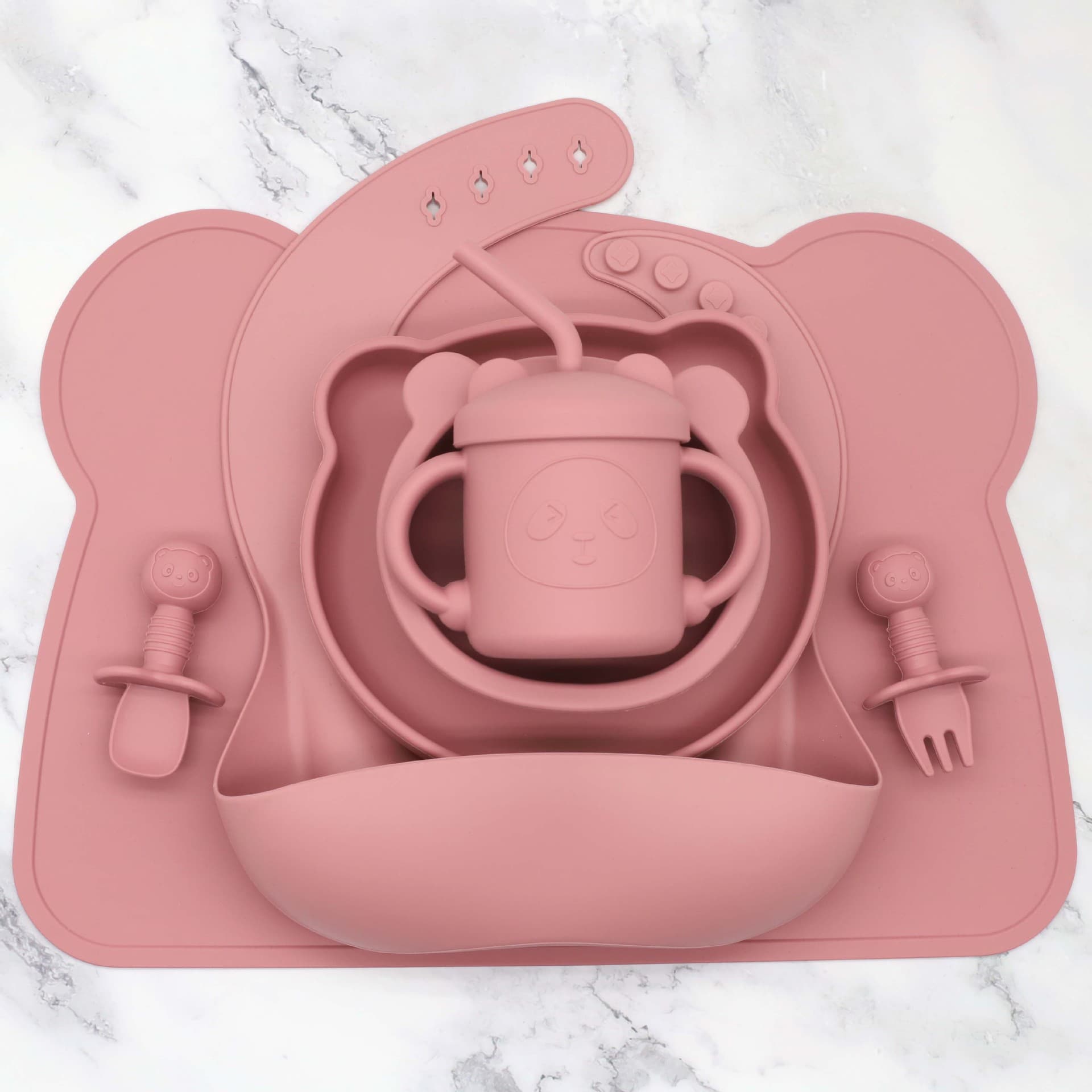 Baby Silicone Dinnerware Set - Bear Plate, Bowl, Placemat, Straw Cup, Lick Spoon & Fork, Baby Bib, Feeding Set for Infants