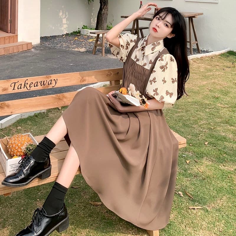 2026 New Summer Forest Dress Women's Spliced Fake Two-piece Niche Puff Sleeve Cute Gentle Over-the-Knee Long Skirt