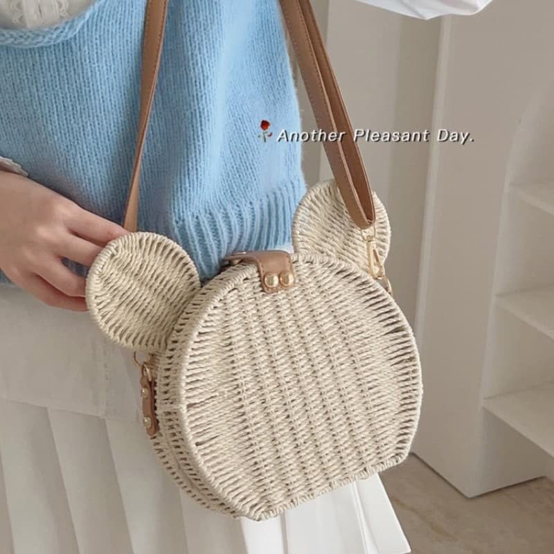 Korean Girl Straw Woven Bag Baby Mickey Crossbody Bag Stylish Photo Prop Picnic Beach Children's Handbag Trendy