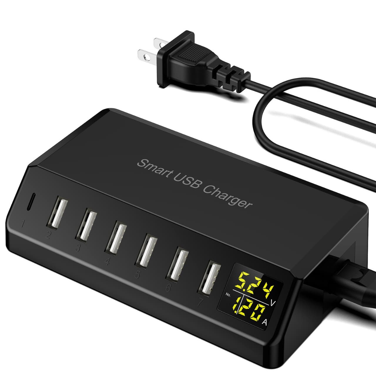 USB multi-port charger 7-port 60W charger smart with LCD display charger displays and monitors charging current