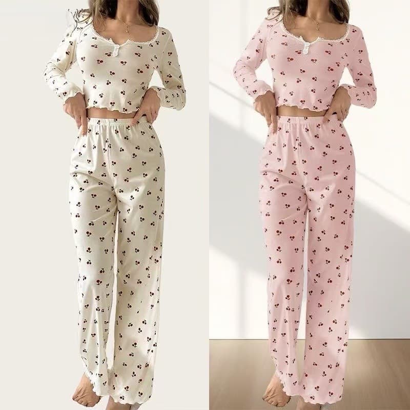 Cross-border Amazon Europe and America Pajama Set Cherry V-Neck Stretch Pants Long Sleeve Women's Loungewear Lettuce Hem