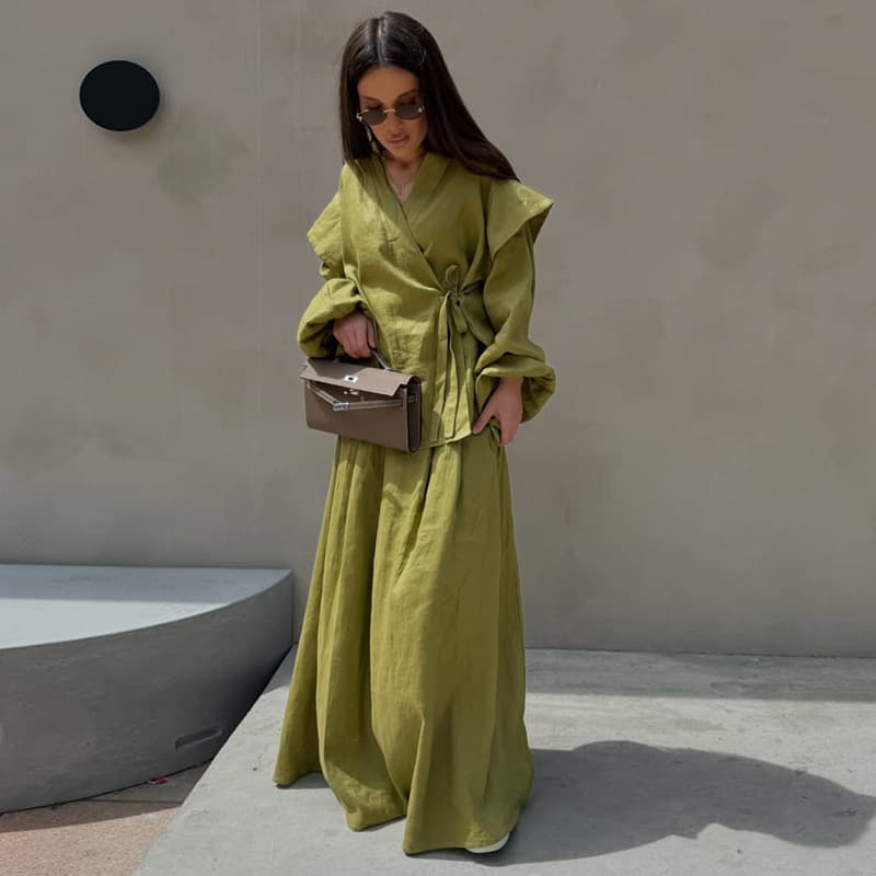 European and American Women's Summer New Design Fashion Tie-Front Blouse High-Waist Skirt Casual Set