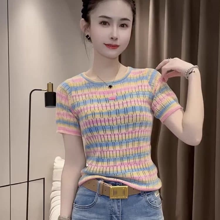 2026 Summer New Fashionable Design Base Tee Stylish Colorful Striped Thin Short Sleeve Knit Top for Women