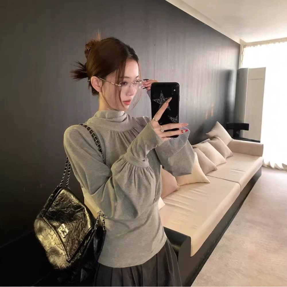 Designer Gray Half High Neck Long Sleeve Pleated T-Shirt Top for Women Spring 2026 New Korean Style Inner Layering Base Layer