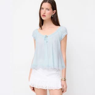 Cross-border Amazon EU/US Light Blue Lace Trim Tie Short Sleeve Blouse for Women - Loose Babydoll Style Fashion Casual Top