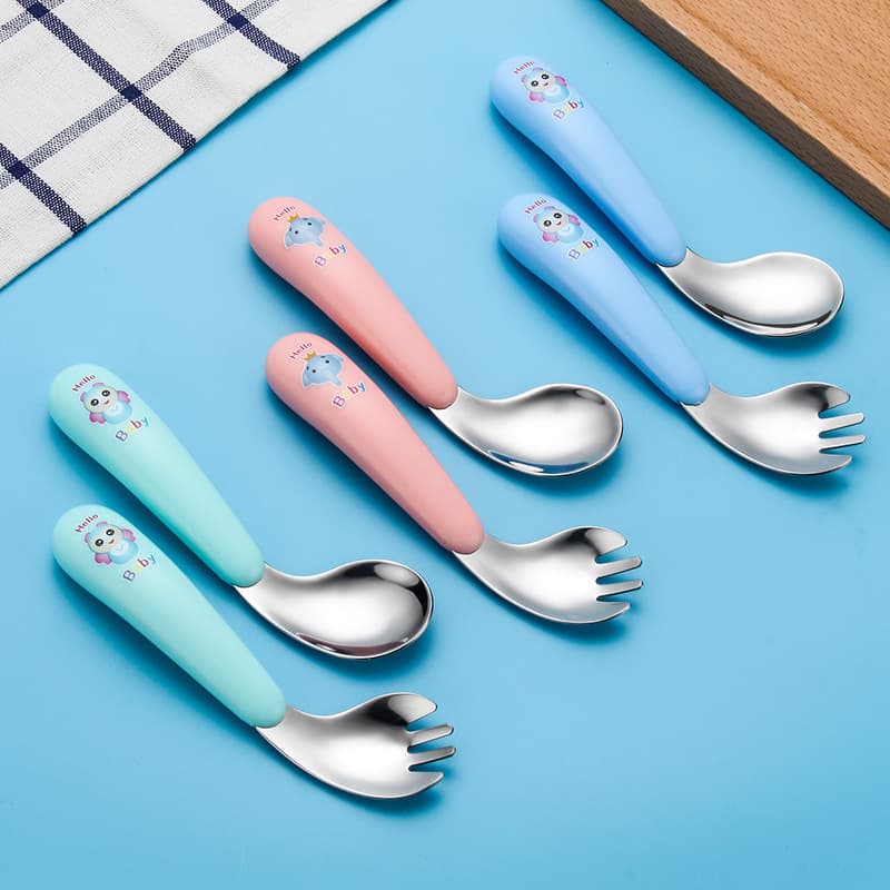 Factory Direct Nordic Three-Color Curved Spoon and Fork Creative Pattern Set for Baby and Toddler, Wholesale