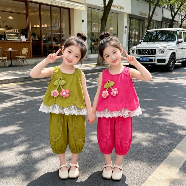 Girls' new summer style Korean style sleeveless suit girl's vitality flower wide shoulder lace two-piece set