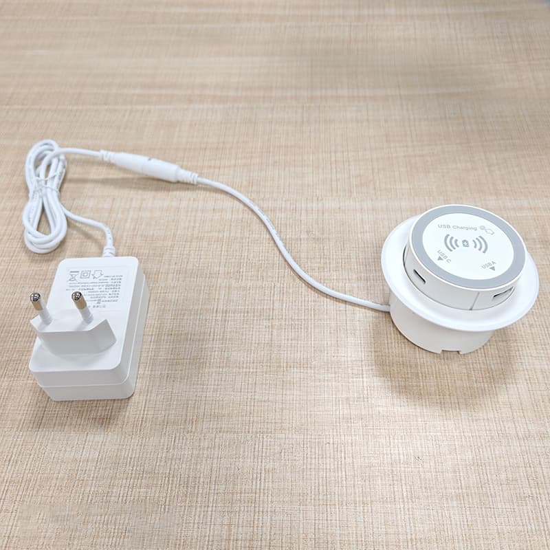 Embedded desktop pop-up three-in-one power socket with 15W wireless charger, multifunctional fast charger for furniture.