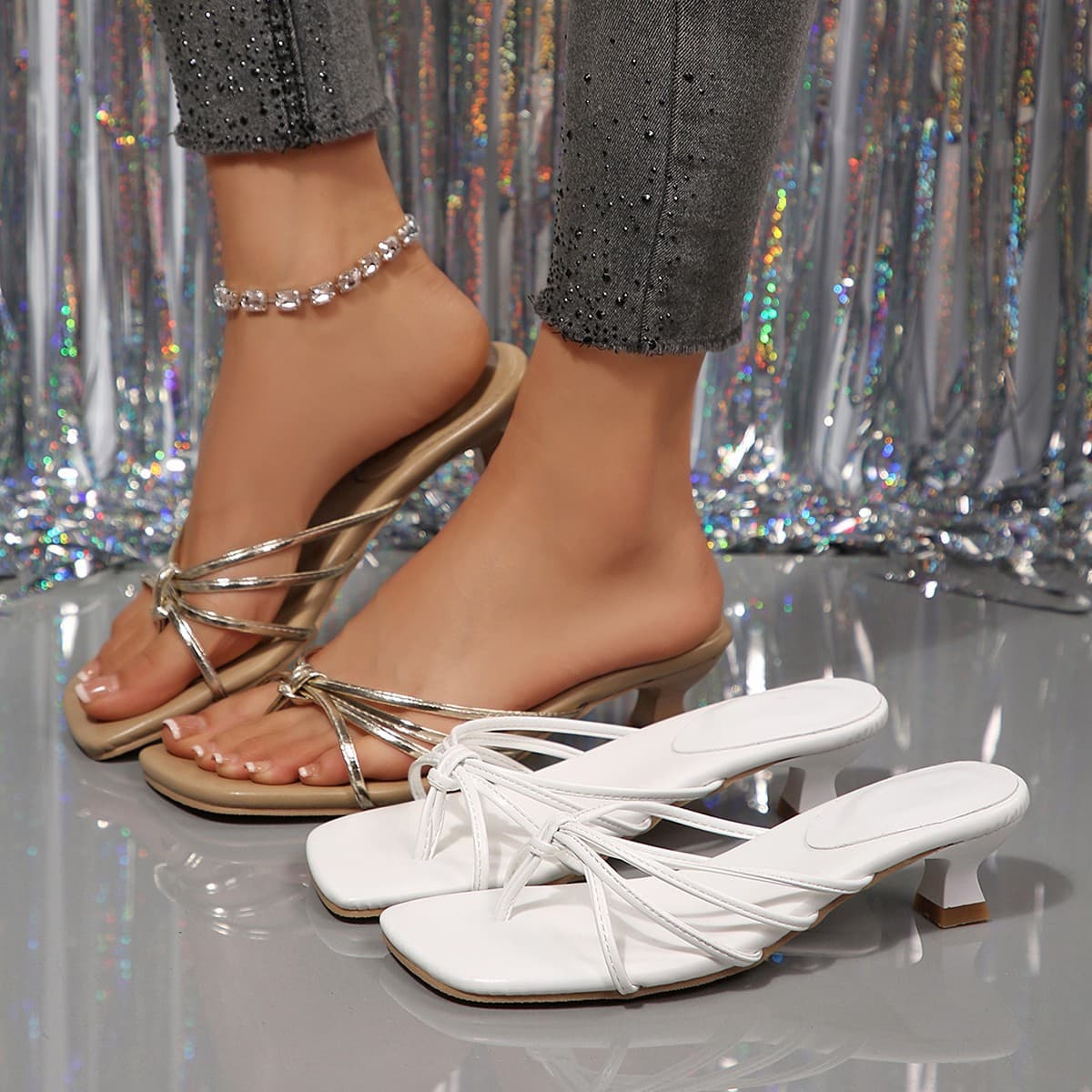2026 New Summer Square Toe Plus Size High Heel Sandals for Women, Fashionable Versatile Toe Ring High Heels, European and American Style Outdoor Slippers