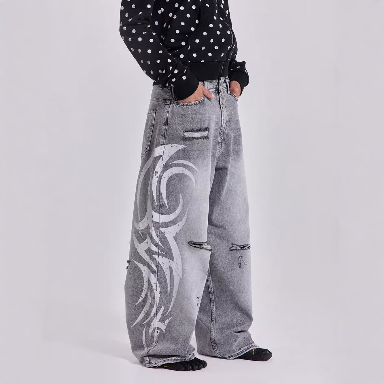 Cross-border European and American foreign trade wholesale AliExpress mottled totem print wide-leg distressed loose jeans trousers for men and women