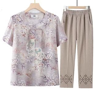 Chinese Style Short Sleeve Shirt Set for Middle-aged and Elderly Women, Summer Thin Grandmother Blouse and Pants Set