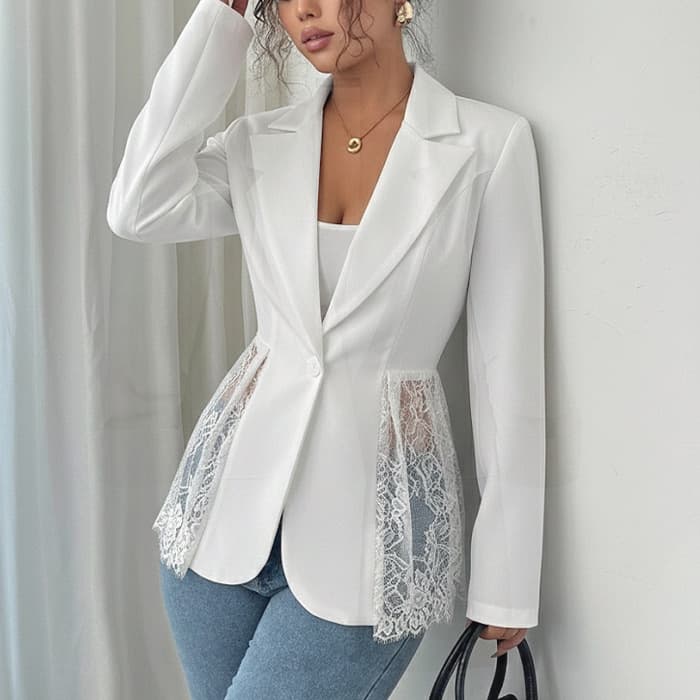European and American Cross-Border Amazon 2025 Fall/Winter New Contrast Color Lace Waist Slim A-Line Women's Blazer