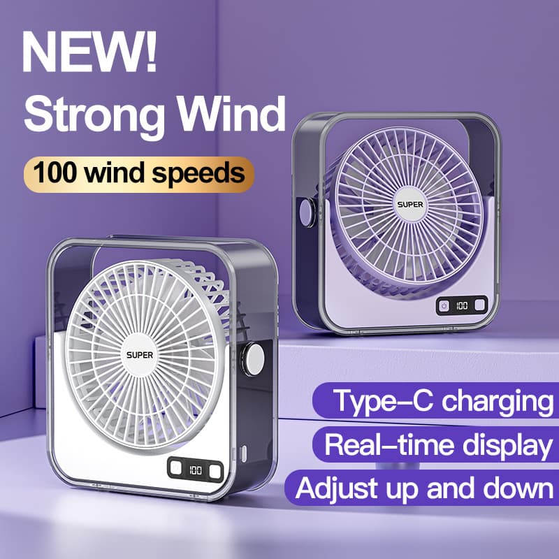 Portable Desktop Fan, High Wind Speed, Home Student Dormitory Table Fan, Digital Display Night Light, USB Charging Small Fan