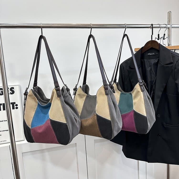 Minimalist Fashion Women's Bag Contrast Color Canvas Tote, Large Capacity Retro Contrast Stitching Cloth Bag, New Style Shoulder Handbag