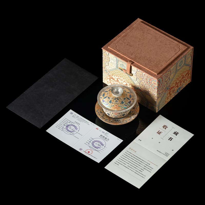 Song Pu Su Yang Ye Master Hand-painted Palace Dunhuang Cultural Creative Silver-plated Sancai Lidded Bowl, Corporate Business Gift Box Set