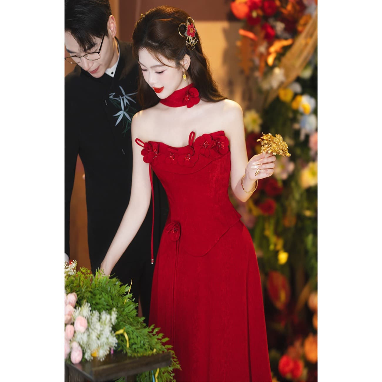 Toast dress, bride's dressing gown, high-end red satin engagement dress, wedding tube top, high-end atmospheric wedding dress