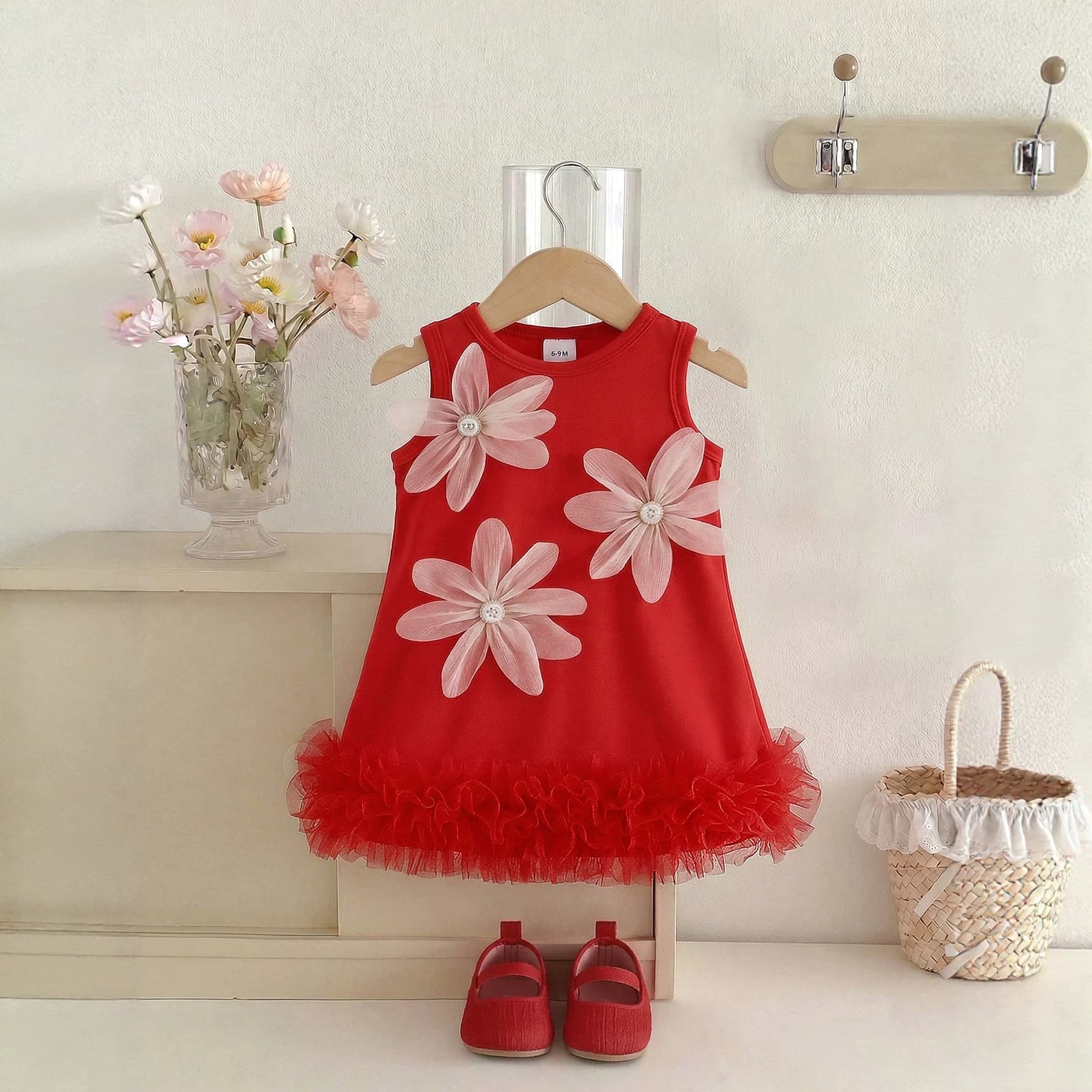 Girls' Red 3D Flower Vest Dress, Mesh Petal Princess Dress, Baby Girl's First Birthday Dress