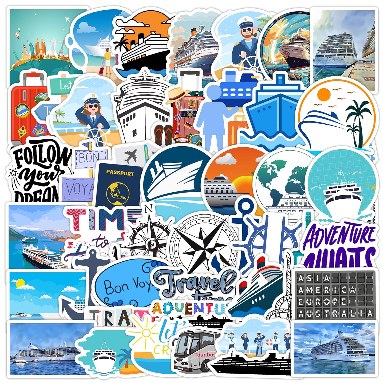 Cross-border 50pcs Cruise Vacation Travel Graffiti Stickers Water Cup Phone Waterproof Decorative Stickers Creative Stationery Stickers
