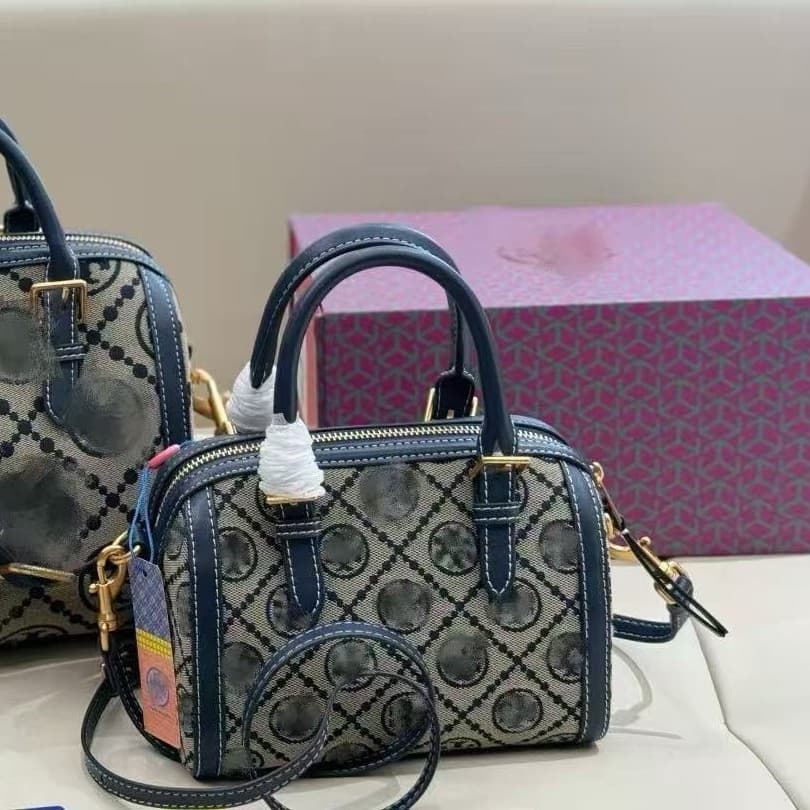 Tory Burch T.B New Pillow Bag, Monogram with Calfskin Small Shoulder Crossbody Bag, Boston Handbag for Women