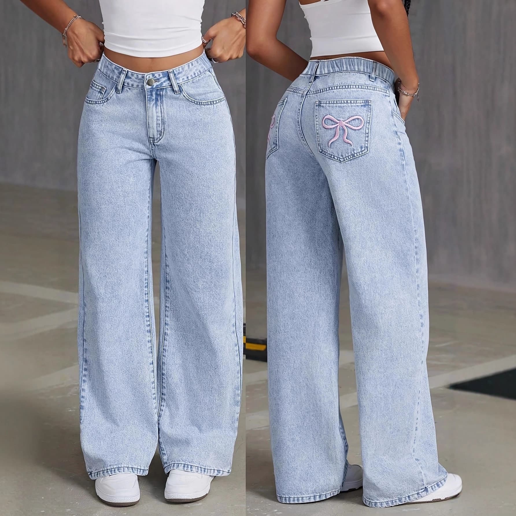 Cross-border Hot Selling, In Stock for Amazon, Bow Embroidery High-Waist Jeans for Older Girls, Sweet and Edgy Style