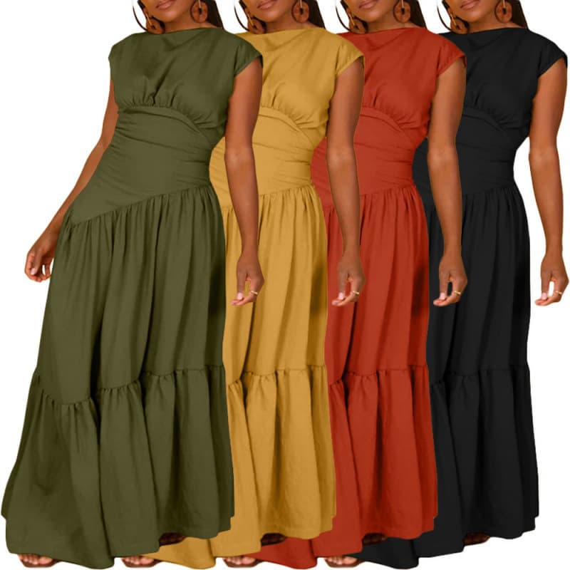 European and American clothing, cross-border supply, spring and summer solid color sleeveless pleated loose wide nylon dress