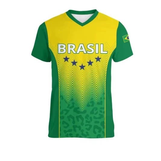 Brazilian Men's T-Shirt Summer Short Sleeve Brazil BR National Emblem Flag 3D Print Fashion V Neck Gym