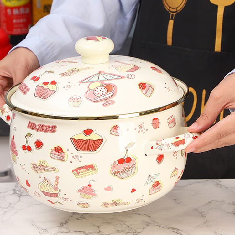 Ouli Home Lavender Enamel Large Soup Pot Stew Pot Household Thick Double Ear Lard Pot with Lid Enamel Porcelain Medicine Pot