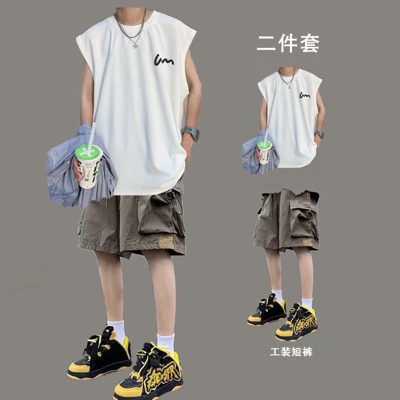 Men's Summer Vest Tank Top and Cargo Shorts Set, Stylish and Cool Two-Piece Outfit