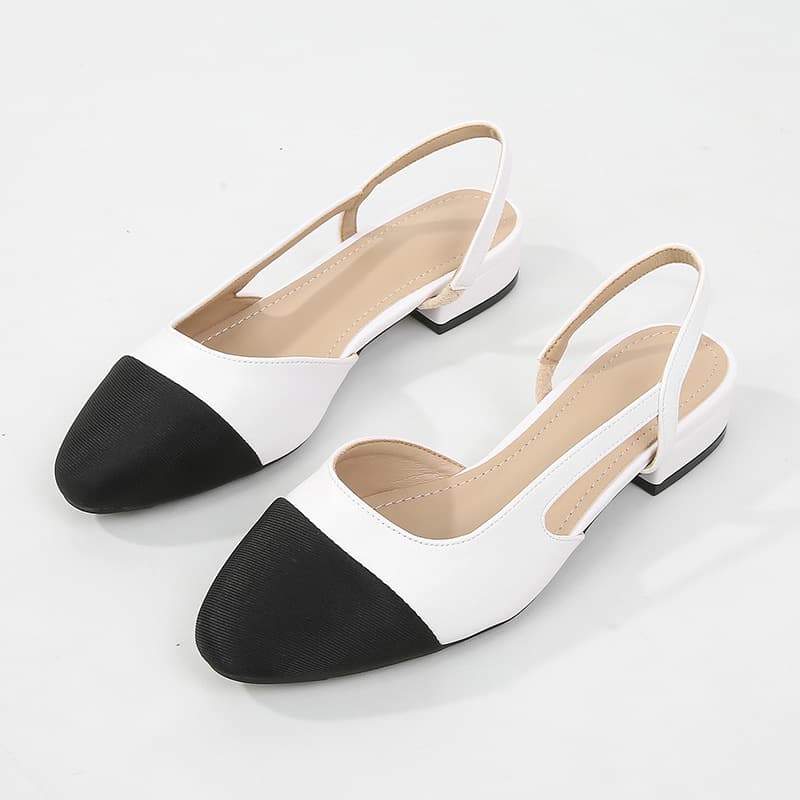 Cross-border in stock mid-heel Chanel-style color-block open-back toe strap sandals for women, square toe, chunky heel, flat, large size 44