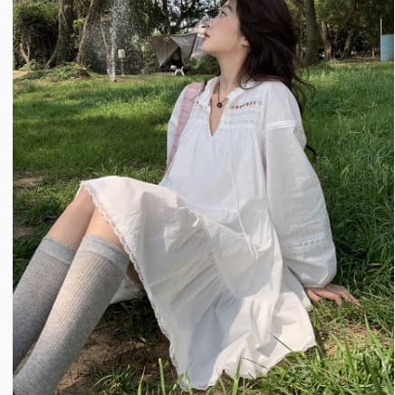 Cotton Maternity French Style White Dress New Spring Summer Slimming Long Sleeve Short Sleeve Babydoll Dress