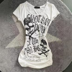 Fitted Punk Rock Short Sleeve T-Shirt for Women, Summer American Style Black Skull Print, Pure and Slimming Top, Ins