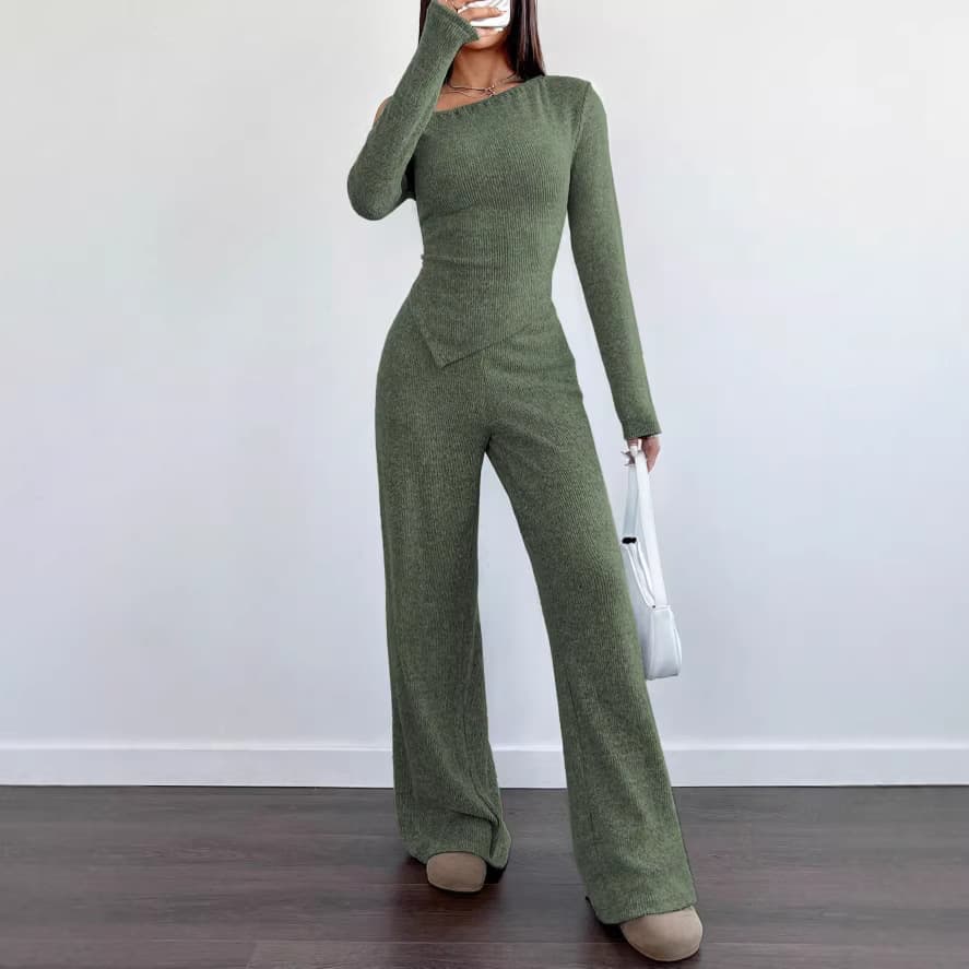 2025 Solid Color Simple Off-Shoulder Women's New Elegant European and American Casual Long Sleeve Pants Two-Piece Set