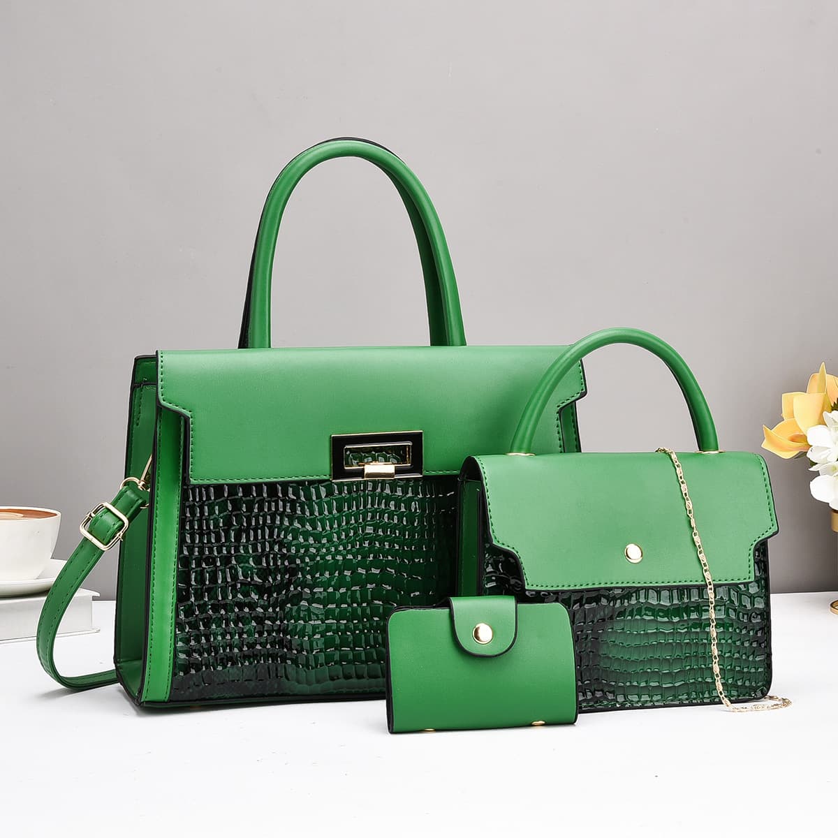 Women's Handbags Set of Three PU Leather Shoulder Bags Floral Embossed Maternal Bag Combo Fashionable Large Square Shape Zipper Opening
