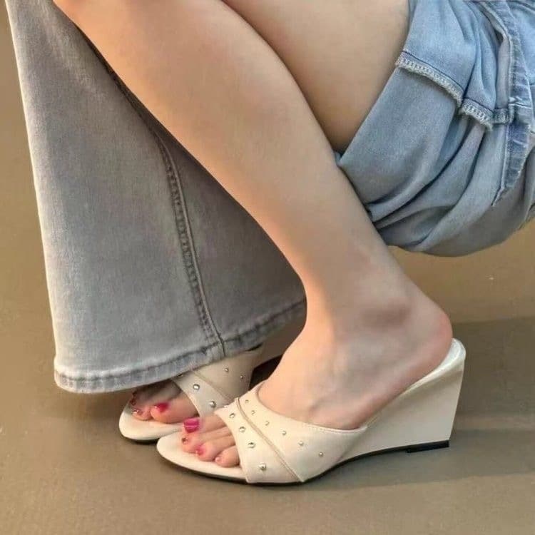 Wedge One-Strap Sandals for Women 2026 New Summer Studded Style Elegant High Heel Open Toe Slippers for Dresses