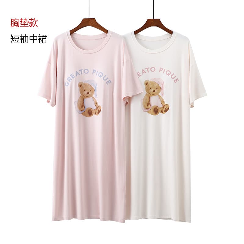 2025 Chest Pad Nightdress Women's Summer Thin Modal Cartoon Bear Printed Short-sleeved Mid-length Dress Stretch Home Dress