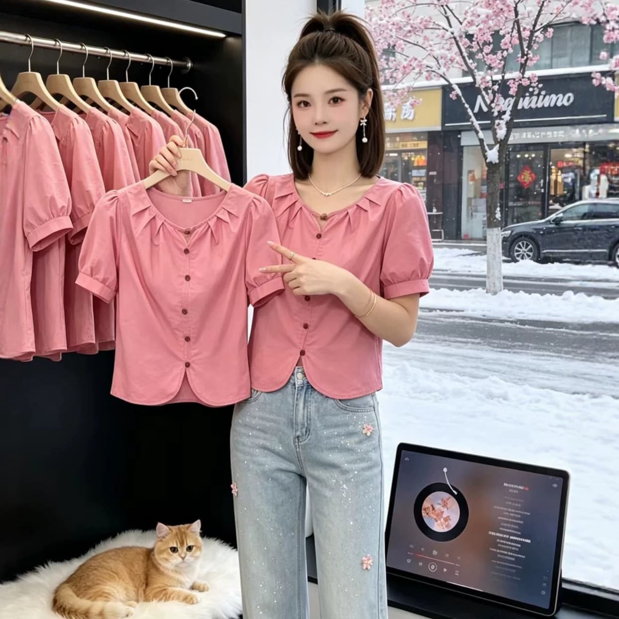 Loose Fit Button-Down Short Sleeve Blouse for Petite Figures, Round Neck, Tummy-Hiding, Simple and Versatile Pink Shirt